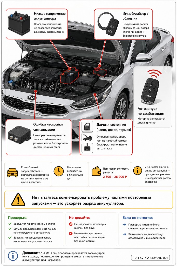 Схема основных причин, почему Kia не заводится через автозапуск